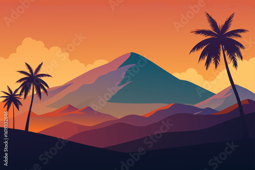 Vibrant sunset over a tropical mountain landscape with palm trees