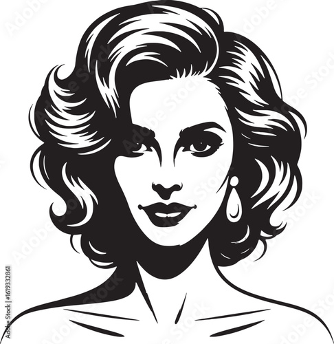 Elegant woman with voluminous wavy hair and a teardrop earring portrait black and white