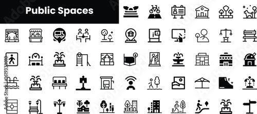 A collection of stylish black icons representing various public spaces, including parks, benches, and recreational areas, perfect for urban planning and design projects.