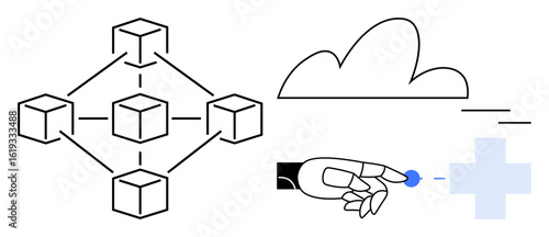 Interconnected blocks in a network alongside robot hand interacting with cloud and medical symbol. Ideal for blockchain, AI, healthcare, technology, innovation, cloud computing, digital solutions. A