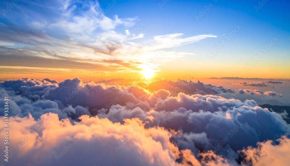 Spectacular aerial view of the sun rising above a sea of fluffy clouds Spectacular aerial view of the sun rising above a sea of fluffy clouds