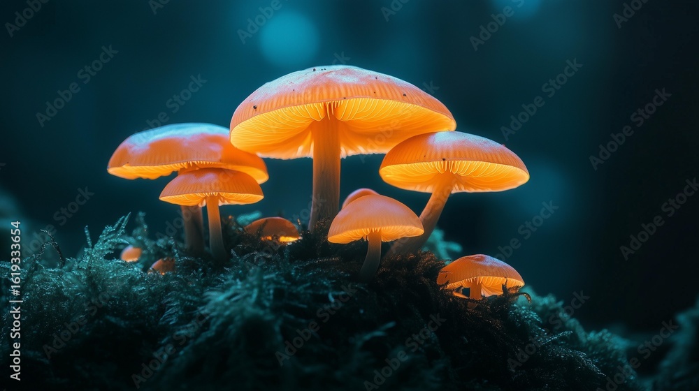 Fototapeta premium Glowing Mushrooms in Dark Forest Macro Photography