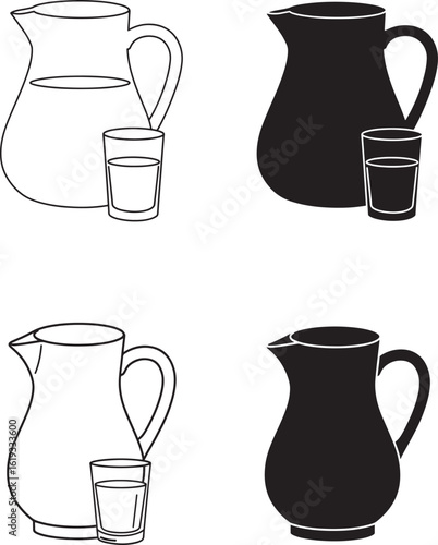 Four illustrations of pitchers and glasses two in outline and two in silhouette