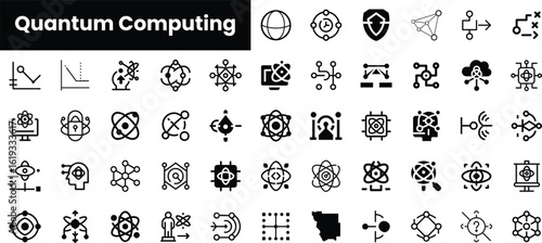 A diverse collection of quantum computing icons representing various concepts, including algorithms, cryptography, and data analysis, creating a visually engaging infographic.