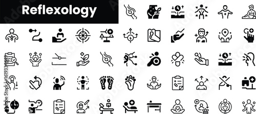 A diverse collection of reflexology symbols and icons, including human figures, hands, and feet, showcasing wellness and holistic practices.