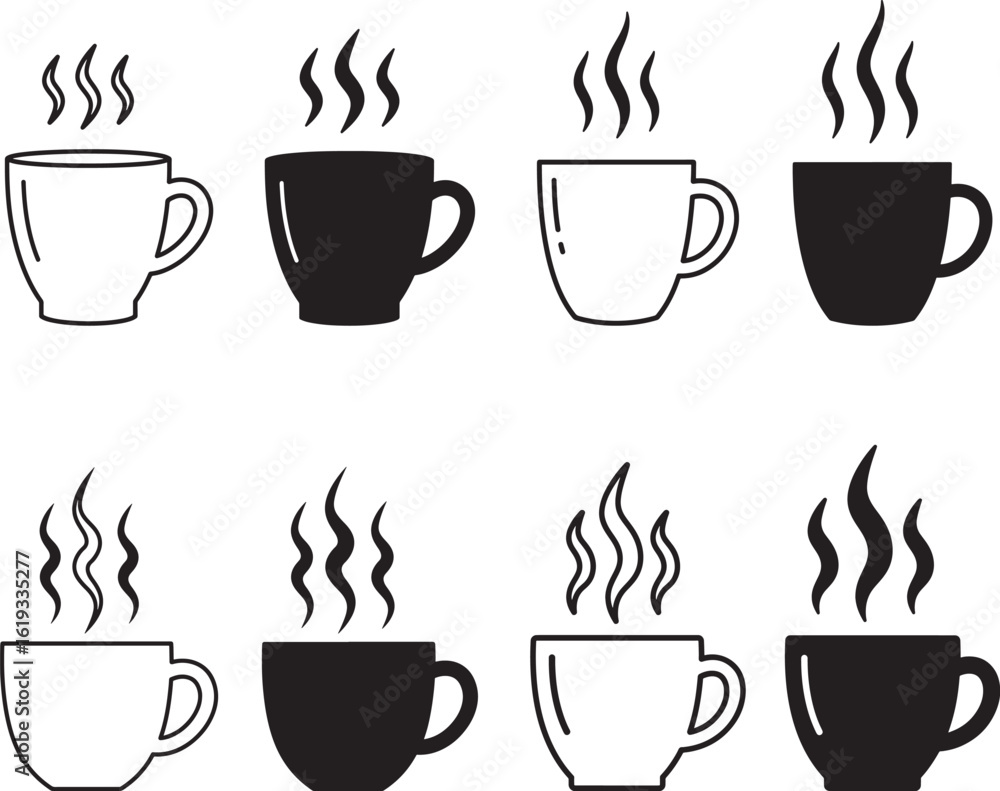 Obraz premium Collection of Black and White Coffee Cups with Steam Vector Illustration