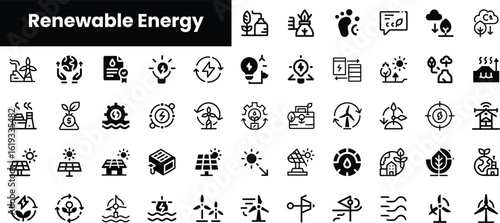 A diverse collection of black and white icons representing renewable energy sources, showcasing solar, wind, hydro, and geothermal concepts in a cohesive design.