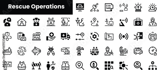 A diverse set of minimalist icons representing rescue operations, featuring healthcare, emergency services, and various rescue scenarios, ideal for educational or informational use.