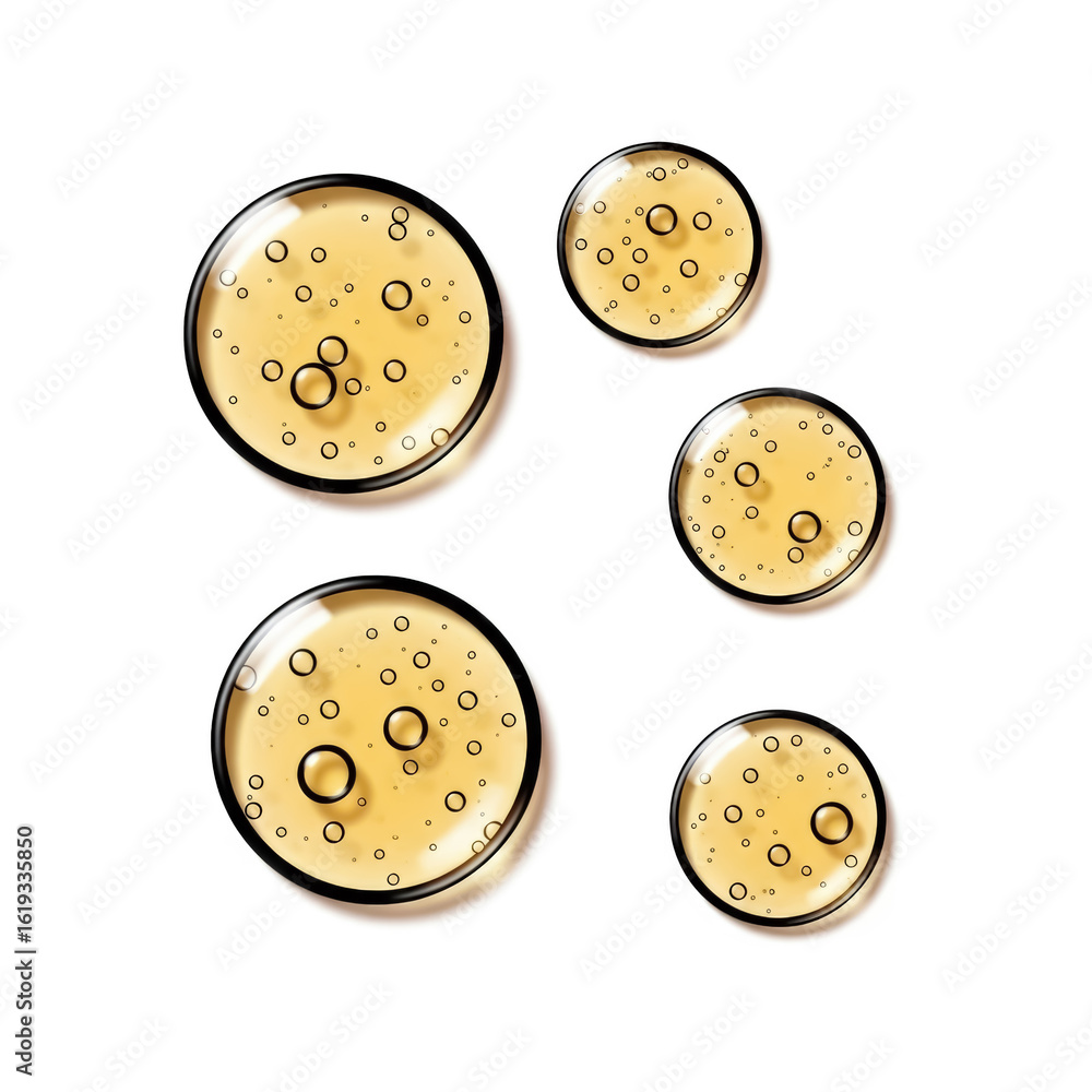 Fototapeta premium Golden yellow bubble oil or serum isolated on white background. Serum drops with air bubbles. Collagen gel, cosmetic product for skin care