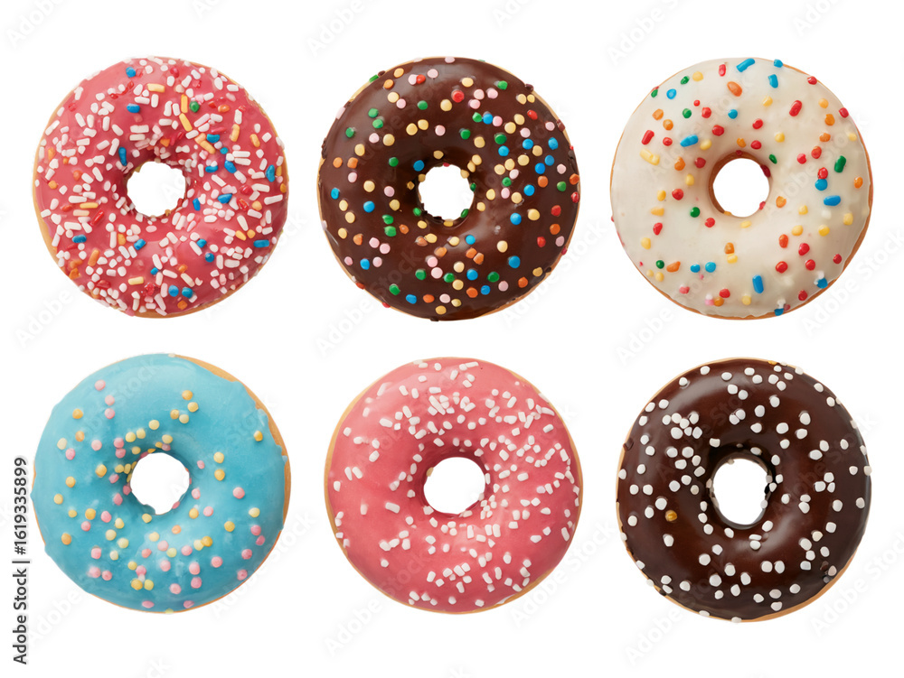 Fototapeta premium Delicious assorted donuts with colorful sprinkles for bakery and cafe ads png isolated on white background