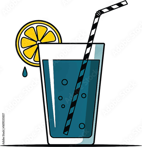 Refreshing blue beverage with lemon slice and striped straw blue drink glass
