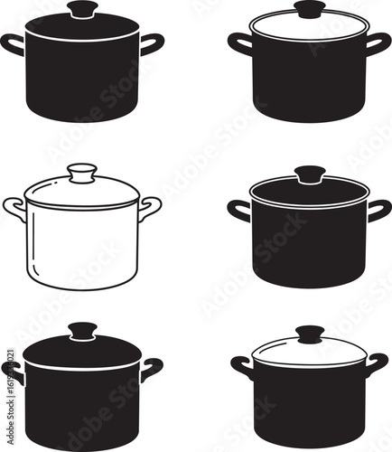 Collection of Cooking Pots and Pans in Black and White Line Art