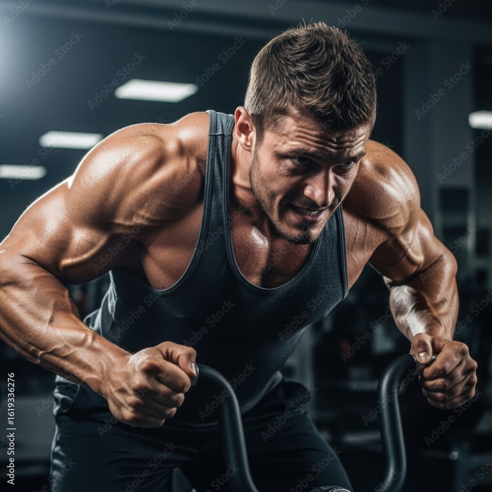Fototapeta premium Intense Back Workout on Air Bike Machine for Maximum Muscle Engagement