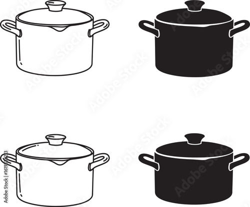 Four Cooking Pots in Black and White Line Art Illustration