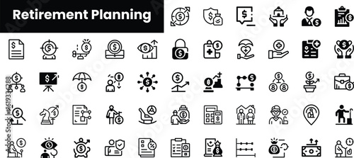 A collection of finance-themed icons, including savings, investment, and retirement planning symbols, in a minimalist design featuring various financial elements.
