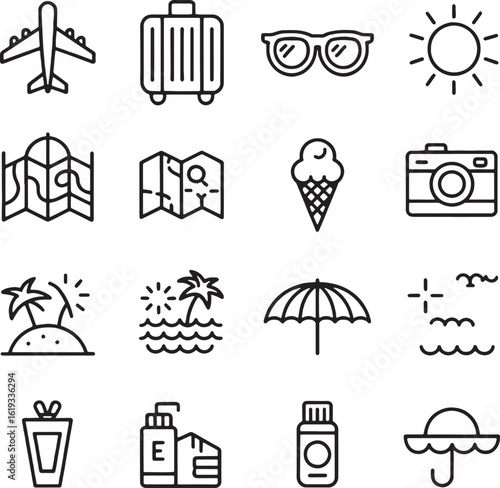 Travel essentials airplane suitcase sunglasses sun ice cream camera island beach umbrella lotion vector