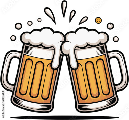 Two frothy beer mugs clinking together with splashes and bubbles toast celebration