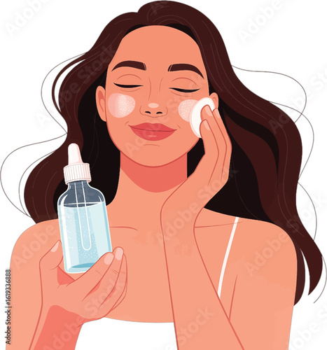 Woman Applying Face Serum with Cotton Pad for Skincare Routine