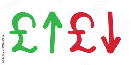 Hand drawn british pound currency symbol Growth and fall profit with arrow up and down Brush stroke doodle Element for design