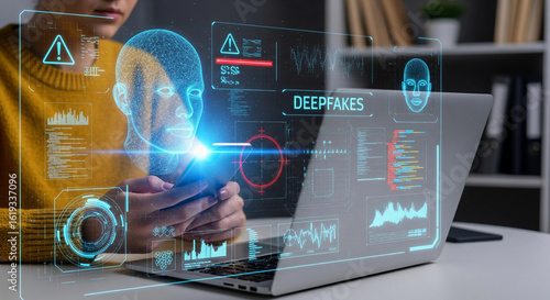 Person using smartphone with holographic interface showing deepfake detection. Concept of AI, cybersecurity, misinformation, digital identity, and facial recognition technology.	