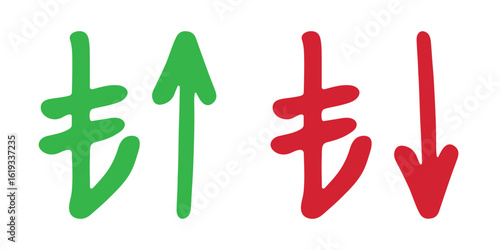 Hand drawn turkish lira currency symbol Growth and fall profit with arrow up and down Brush stroke doodle Element for design