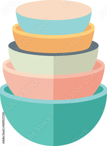 stackable mixing bowls in pastel colors on transparent background