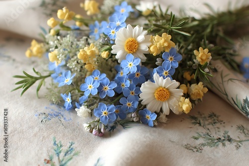 A whimsical arrangement of bright blue forget-me-nots, white daisies, and yellow primroses, intertwined with lush greenery like ivy and rosemary.