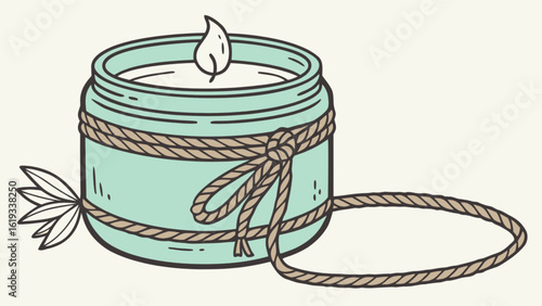 A charming candle in a jar, adorned with a rope and a delicate leaf, emitting a warm and inviting glow, isolated on white background