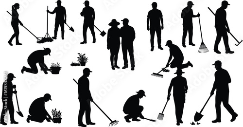 Cad drawing flat vector illustration, silhouette of gardeners at work, outdoor landscaping scene, teamwork with tools, black graphic garden concept