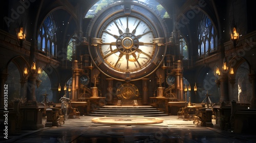 A steampunk clock tower interior with intricate machinery and grand architecture.