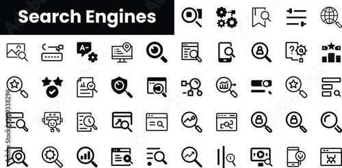 A collection of diverse icons representing various functions of search engines, showcasing modern digital technology in a minimalist style.