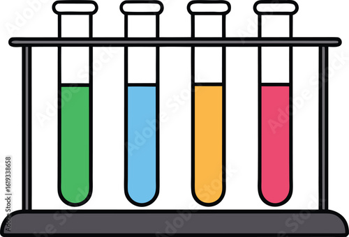 test tubes in rack with colorful liquids on transparent background