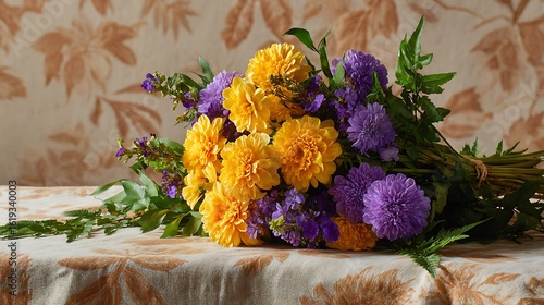 A whimsical bouquet of bright yellow marigolds, deep purple asters, and soft lavender, complemented by lush green ferns and trailing ivy