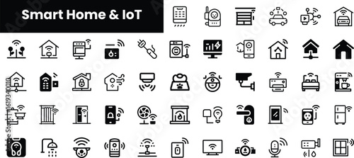 A modern collection of smart home and IoT icons, featuring devices like cameras, smart lights, and sensors, illustrating the integration of technology into daily life.