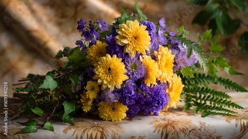 A whimsical bouquet of bright yellow marigolds, deep purple asters, and soft lavender, complemented by lush green ferns and trailing ivy