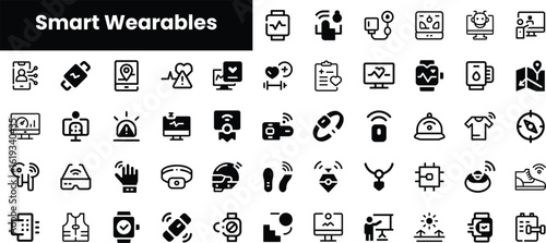 A collection of smart wearable icons showcasing various health and tech features, including fitness trackers, smartwatches, and health monitors in a minimalist style.