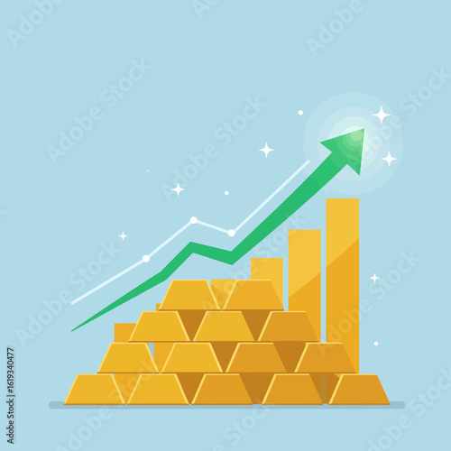 An illustrative depiction of financial growth and investment success, featuring a rising bar graph, an upward arrow, and a prominent stack of shiny gold bars.