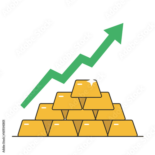 A stack of gold bars with an upward trending green arrow, symbolizing growth, wealth, and financial success in a simple, modern illustration style.