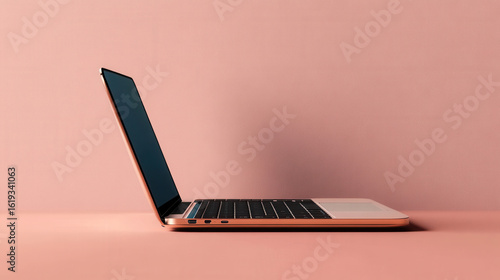 Sleek, modern laptop with slim design is displayed against soft pink background, showcasing its minimalist aesthetic. open laptop reveals black keyboard and screen, emphasizing its contemporary