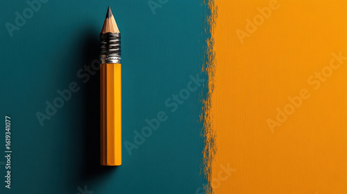 Sharpened pencil with orange body lies on textured surface, half teal and half orange, creating striking contrast. pencil placement and color division evoke creativity and balance