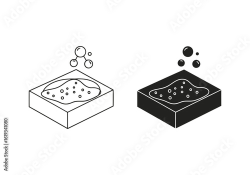 Vector art of line art and silhouette of a bar of soap with bubbles isolated on white background