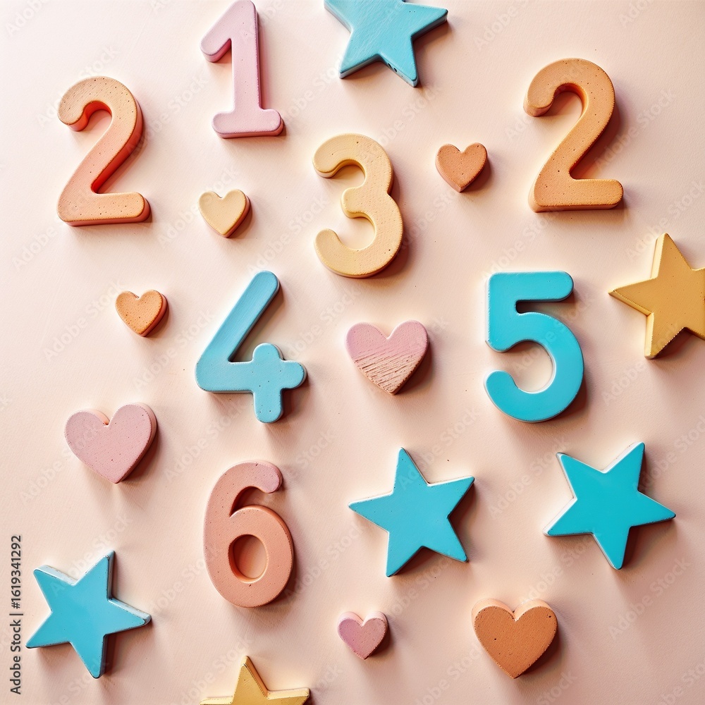 Naklejka premium Colorful wooden numbers, stars, and hearts on pastel background. Educational and playful concept for children