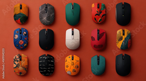 Collection of wireless computer mice with vibrant, artistic designs is displayed on orange background. Each mouse features unique patterns and colors, showcasing creativity and variety
