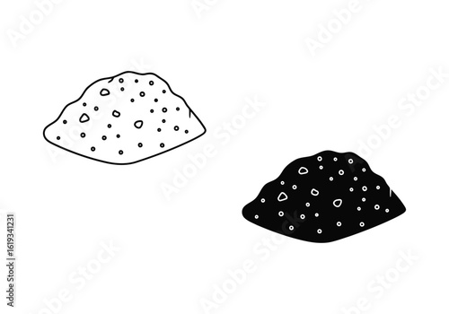 Vector art of pile of dirt or sand, one outline and one solid black, isolated on white background
