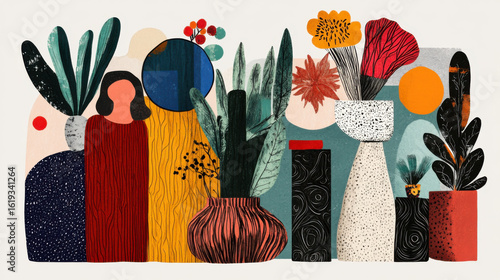 Colorful abstract illustration featuring various plants and vases with geometric shapes and patterns, creating vibrant and artistic composition. use of bold colors and textures adds lively
