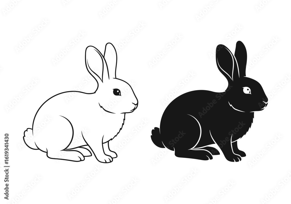 Obraz premium Vector art of two rabbits, one white and one black, sitting in profile isolated on white background