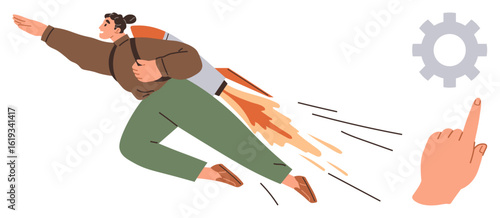 Person using a jetpack to soar forward, symbolizing progress. Ideal for innovation, growth, leadership, ambition, problem-solving, technology entrepreneurship. Vibrant yet simple flat metaphor