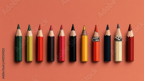 Colorful pencils arranged in row on peach background, showcasing variety of vibrant colors and designs. image highlights creativity and organization, perfect for artistic inspiration