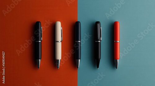 Row of five pens is arranged on split background of orange and teal, showcasing variety of colors and sleek designs. pens are evenly spaced, creating visually appealing and balanced composition