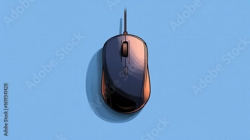 Sleek black computer mouse with wired connection is set against light blue background, casting subtle shadow. design is modern and minimalistic, emphasizing functionality and style
